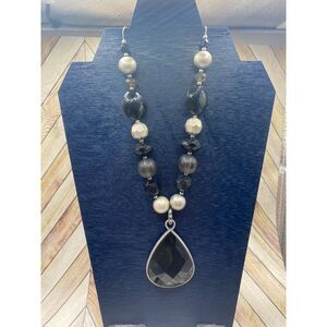 Beaded Necklace with Large Black Jewel Pendant